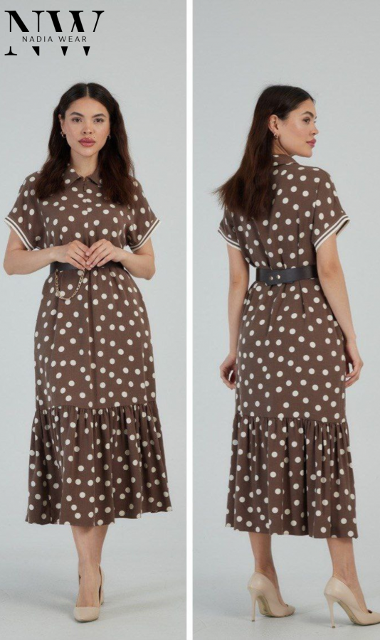 Платье с поясом Софи коричневое в горошек