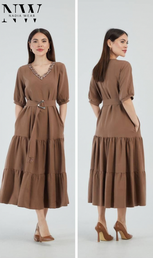 Платье с поясом Саманта коричневое